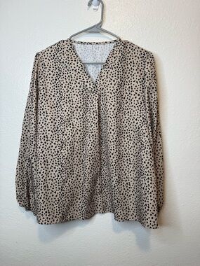 Animal Leopard Print Long Balloon Sleeve V-Neck Blouse Size XL Capsule Neutral